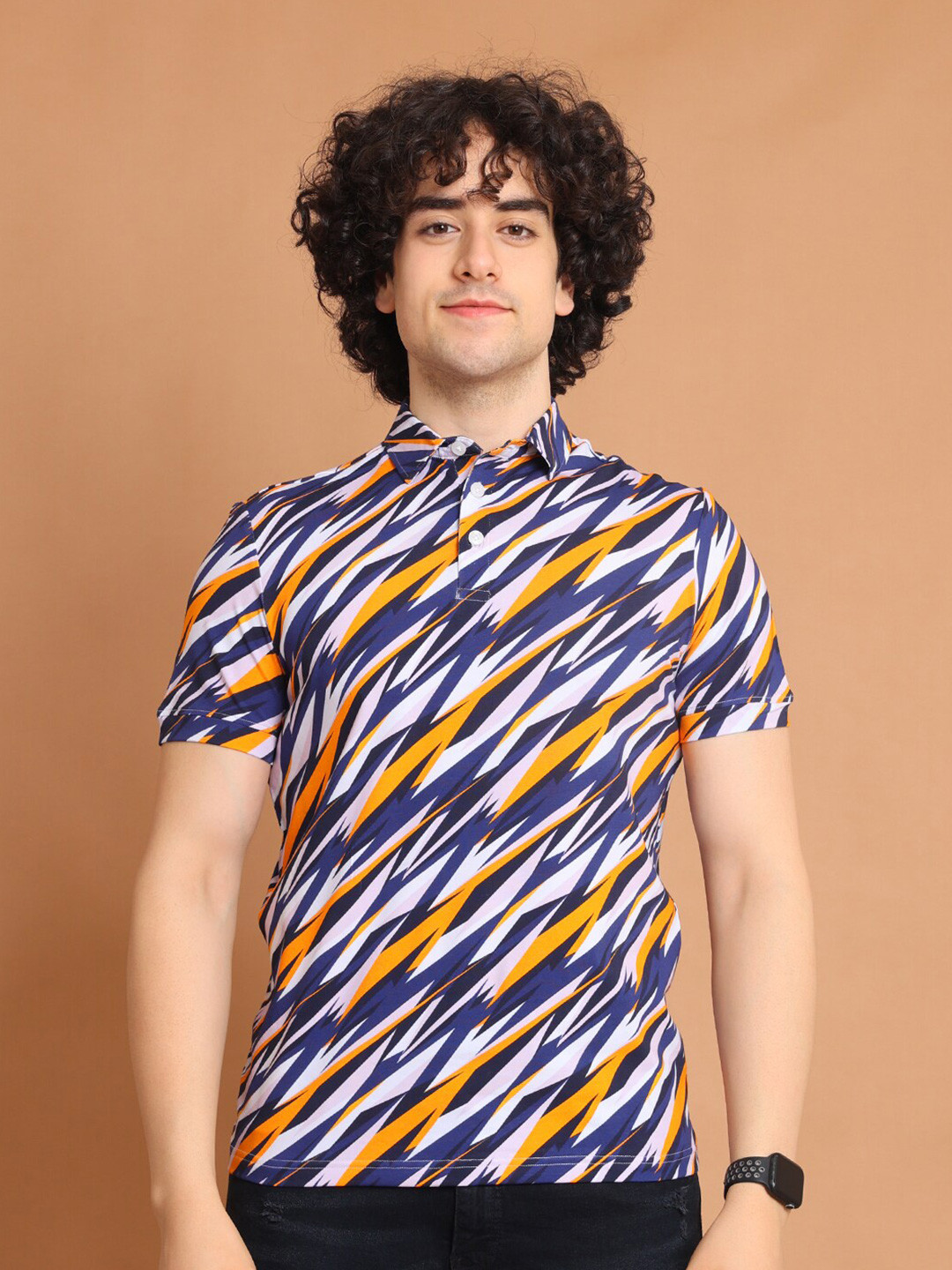 

berry blues Abstract Printed Pique Cotton Polo T-shirt, Blue