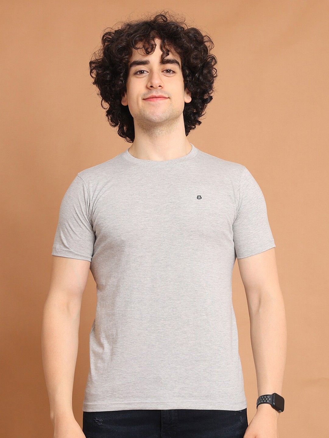 

berry blues Round Neck Short Sleeves Cotton T-shirt, Grey