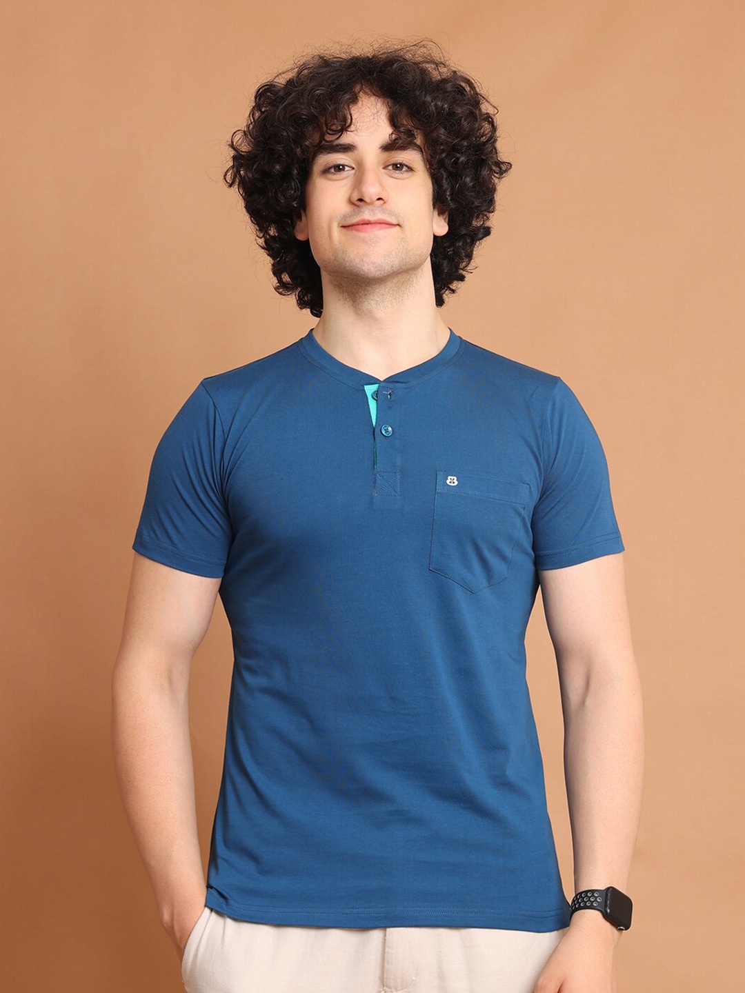 

berry blues Henley Neck Cotton T-shirt, Blue