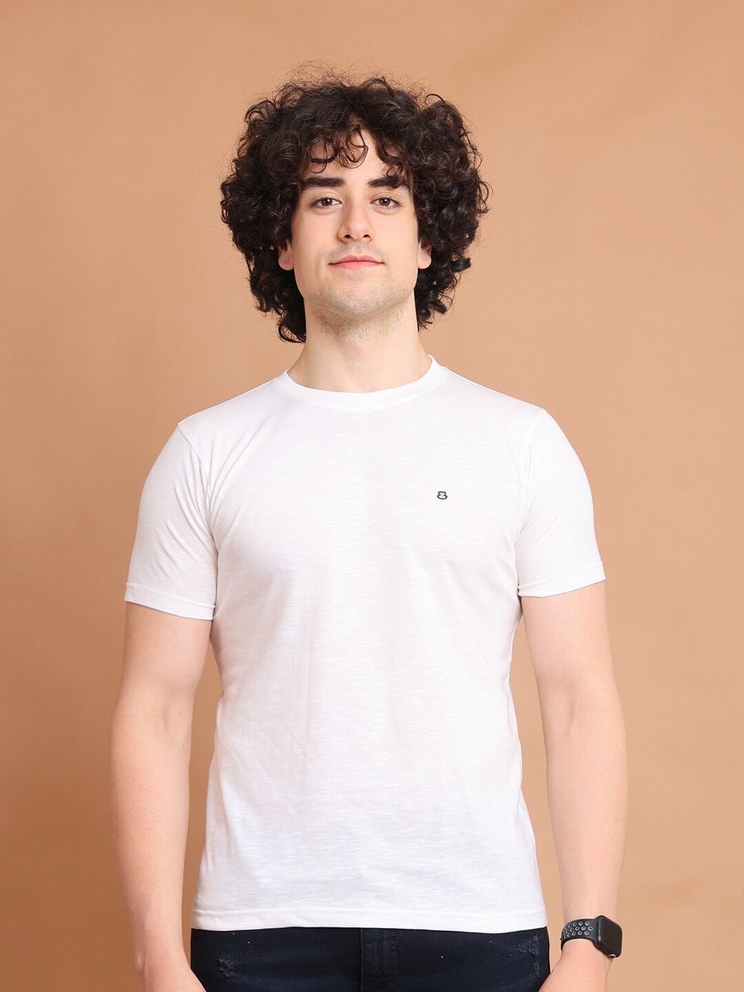 

berry blues Round Neck Short Sleeves Cotton T-shirt, Off white