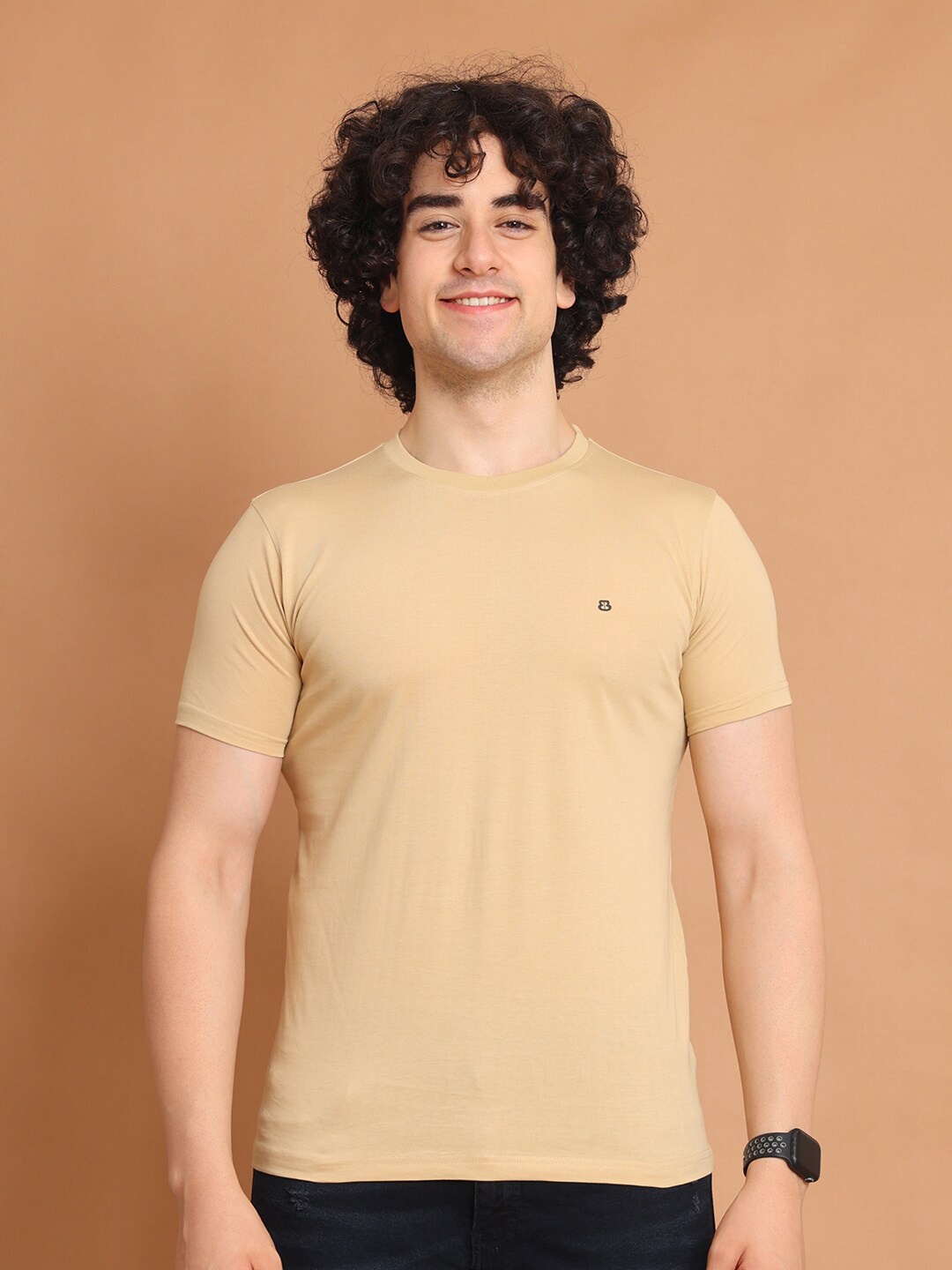 

berry blues Round Neck Half Sleeve Cotton T-shirt, Beige