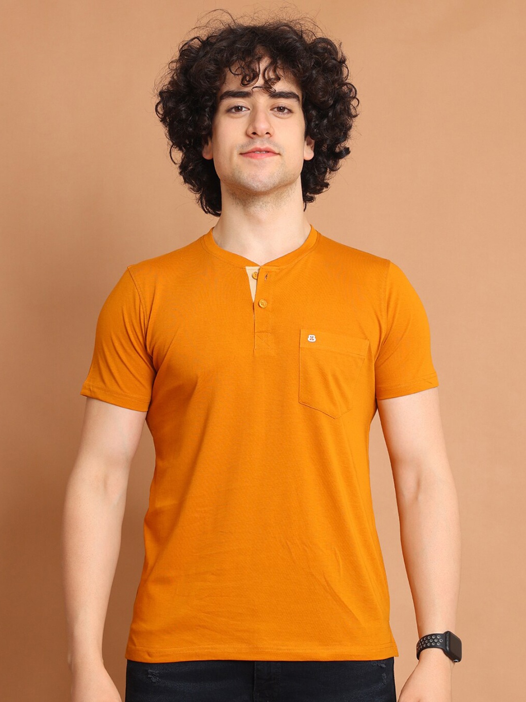 

berry blues Henley Neck Short Sleeves Cotton T-shirt, Rust