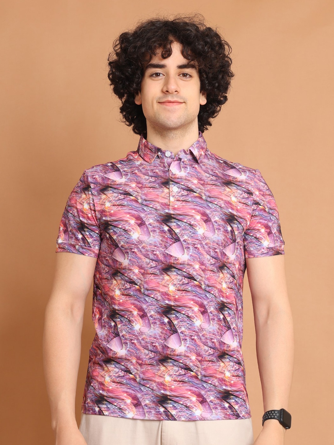 

berry blues Polo Collar Abstract Printed Cotton T-shirt, Purple