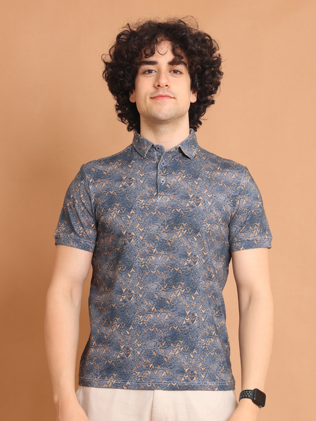 

berry blues Polo Collar Abstract Printed Cotton T-shirt, Blue