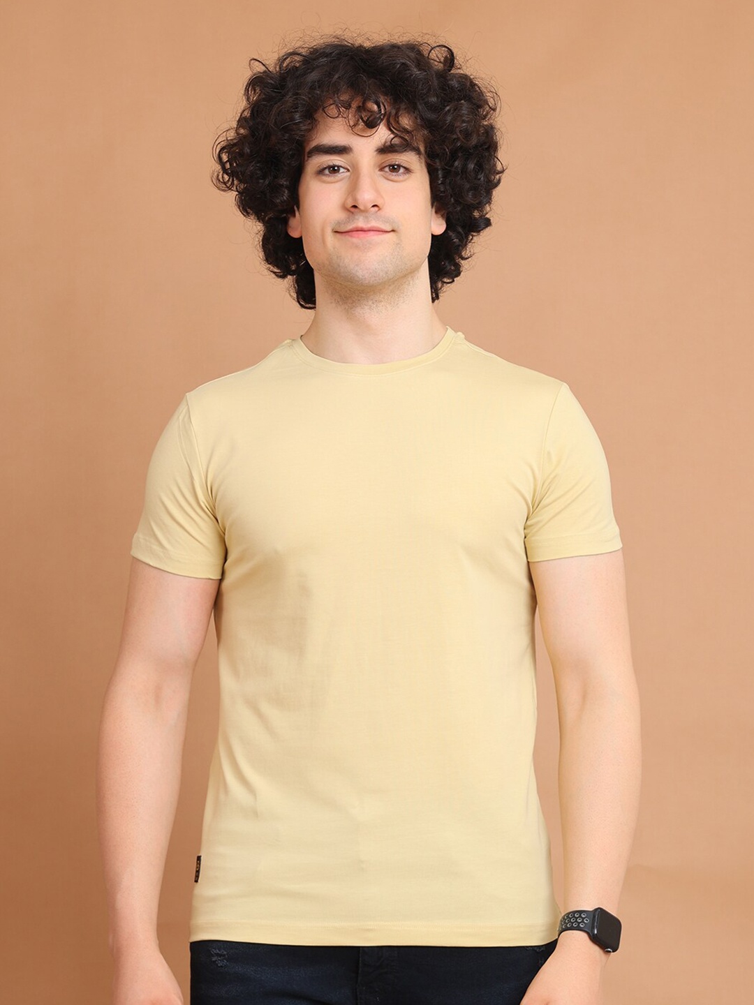 

berry blues Round Neck Short Sleeves Cotton T-shirt, Beige
