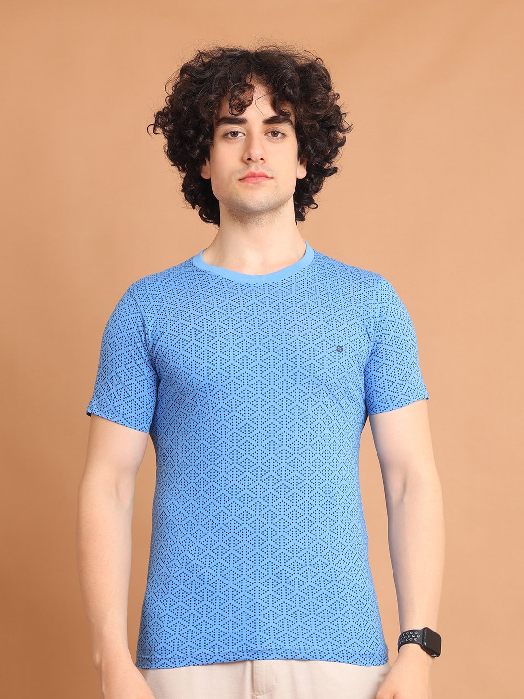 

berry blues Geometric Printed Round Neck Cotton T-shirt, Blue