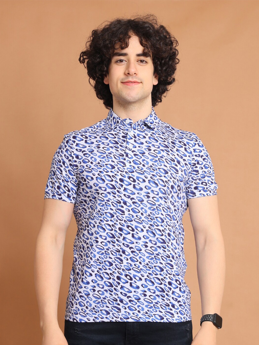 

berry blues Polo Collar Abstract Printed Cotton T-shirt, Blue