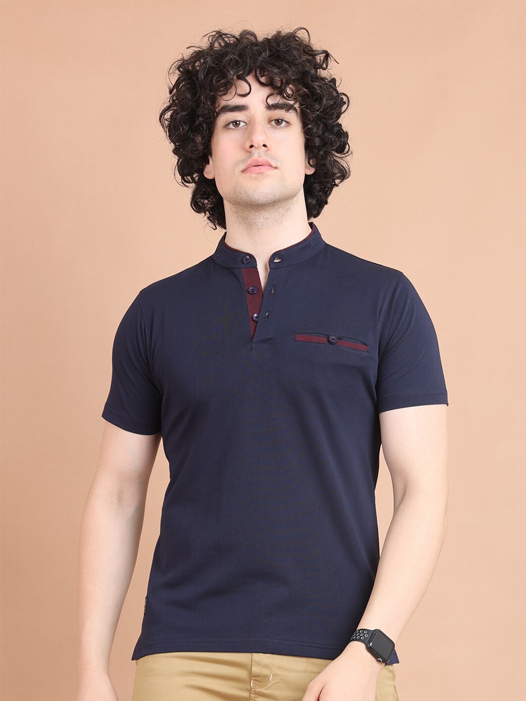 

berry blues Half Sleeve Mandarin Collar Cotton T-shirt, Blue