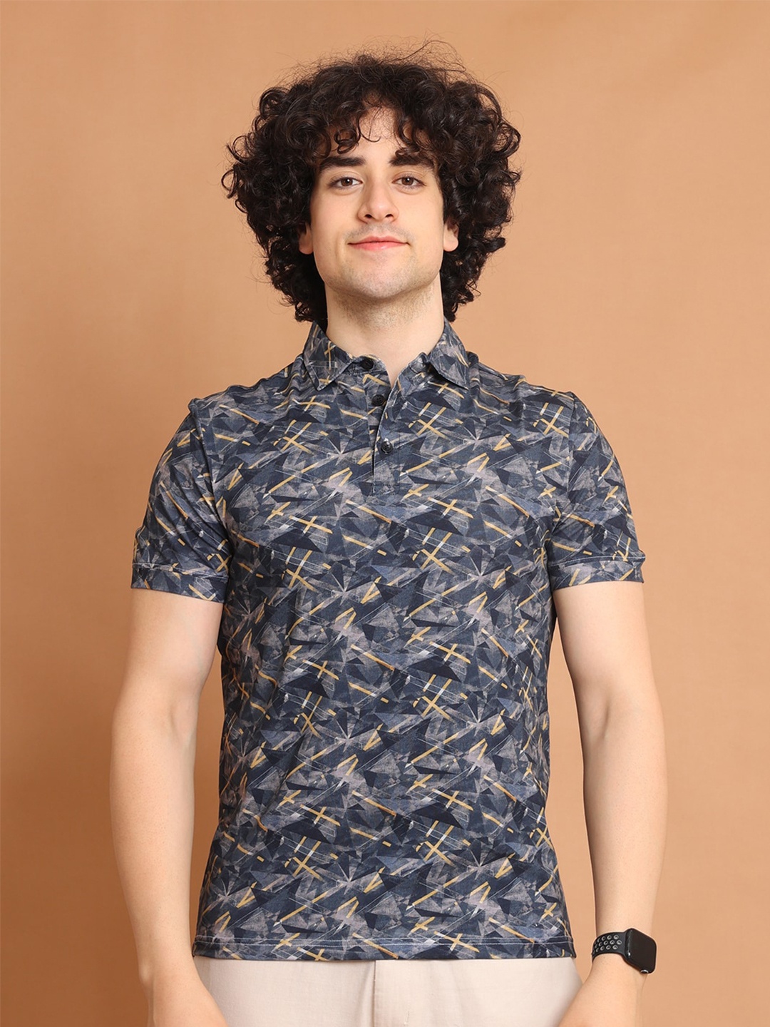 

berry blues Polo Collar Abstract Printed Cotton T-shirt, Blue