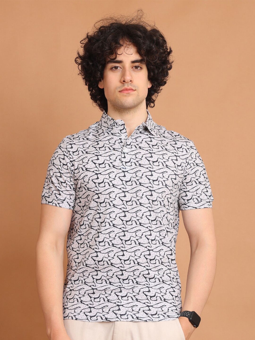

berry blues Polo Collar Abstract Printed Cotton T-shirt, Off white