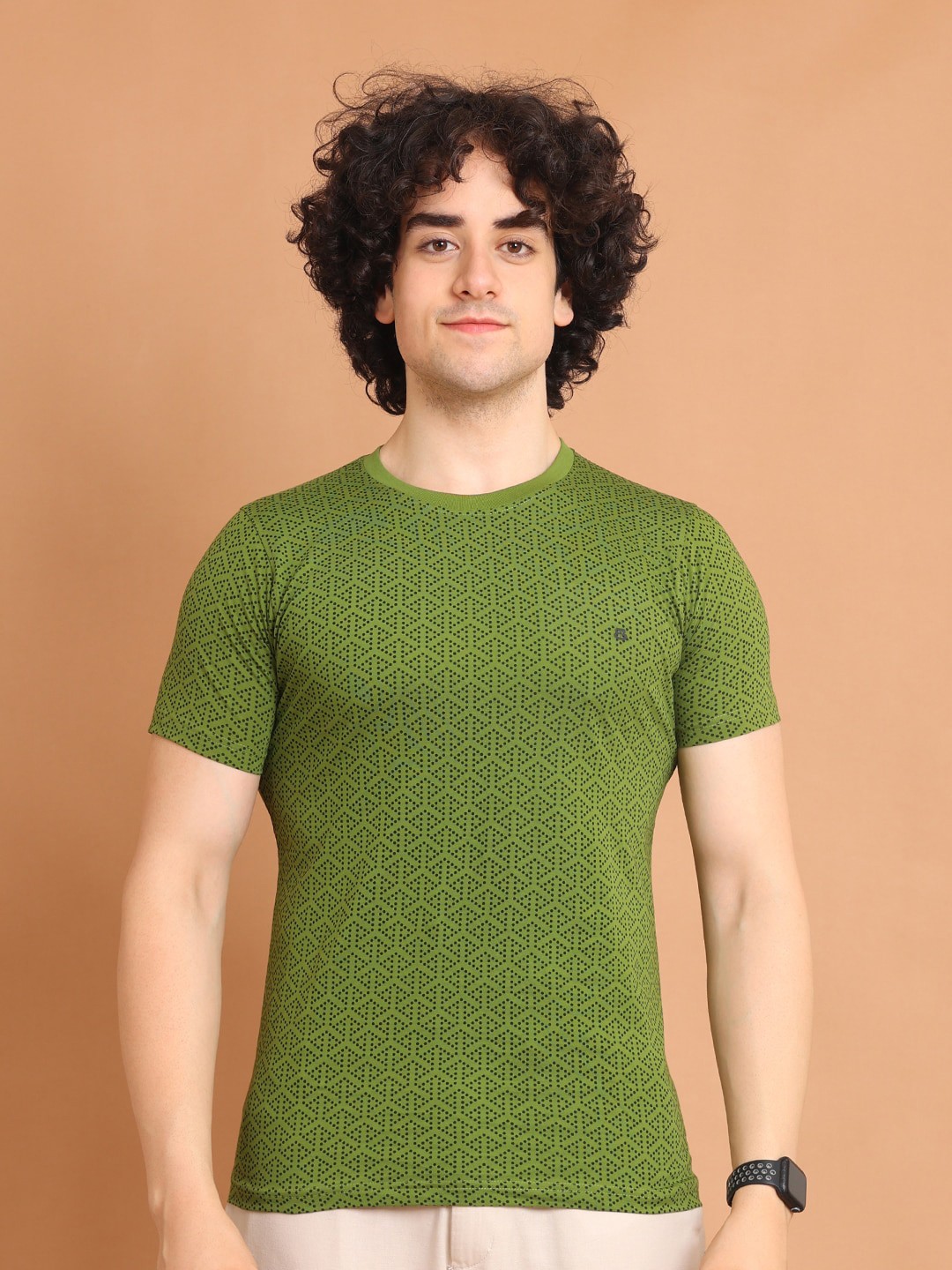 

berry blues Geometric Printed Round Neck Cotton T-shirt, Olive