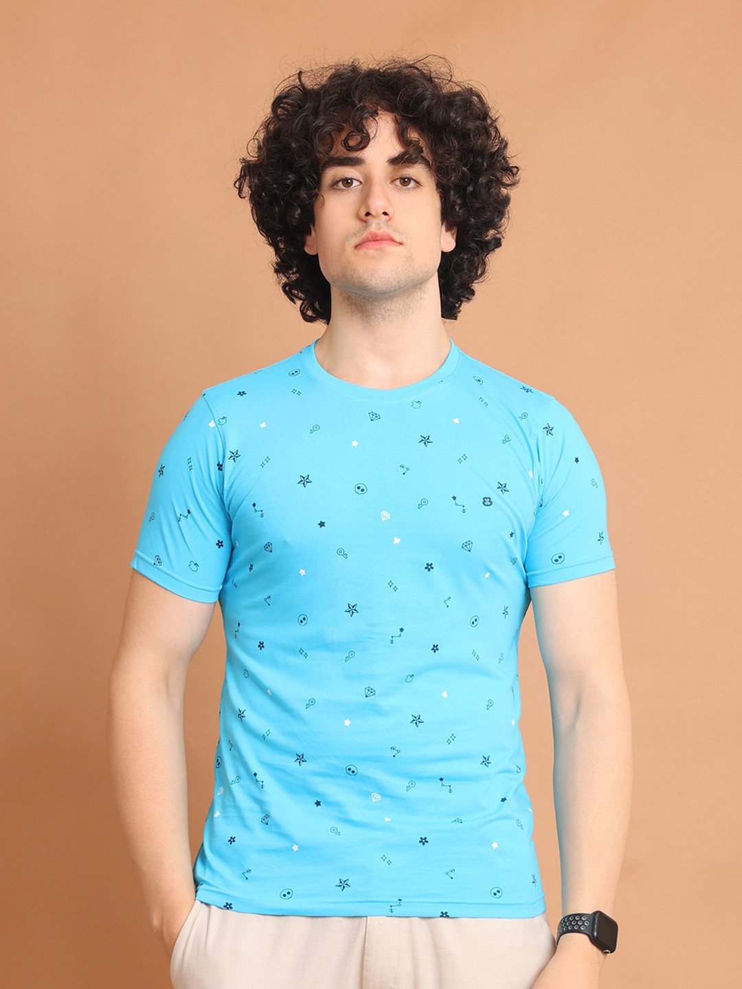 

berry blues Conversational Printed Round Neck Cotton T-shirt, Blue