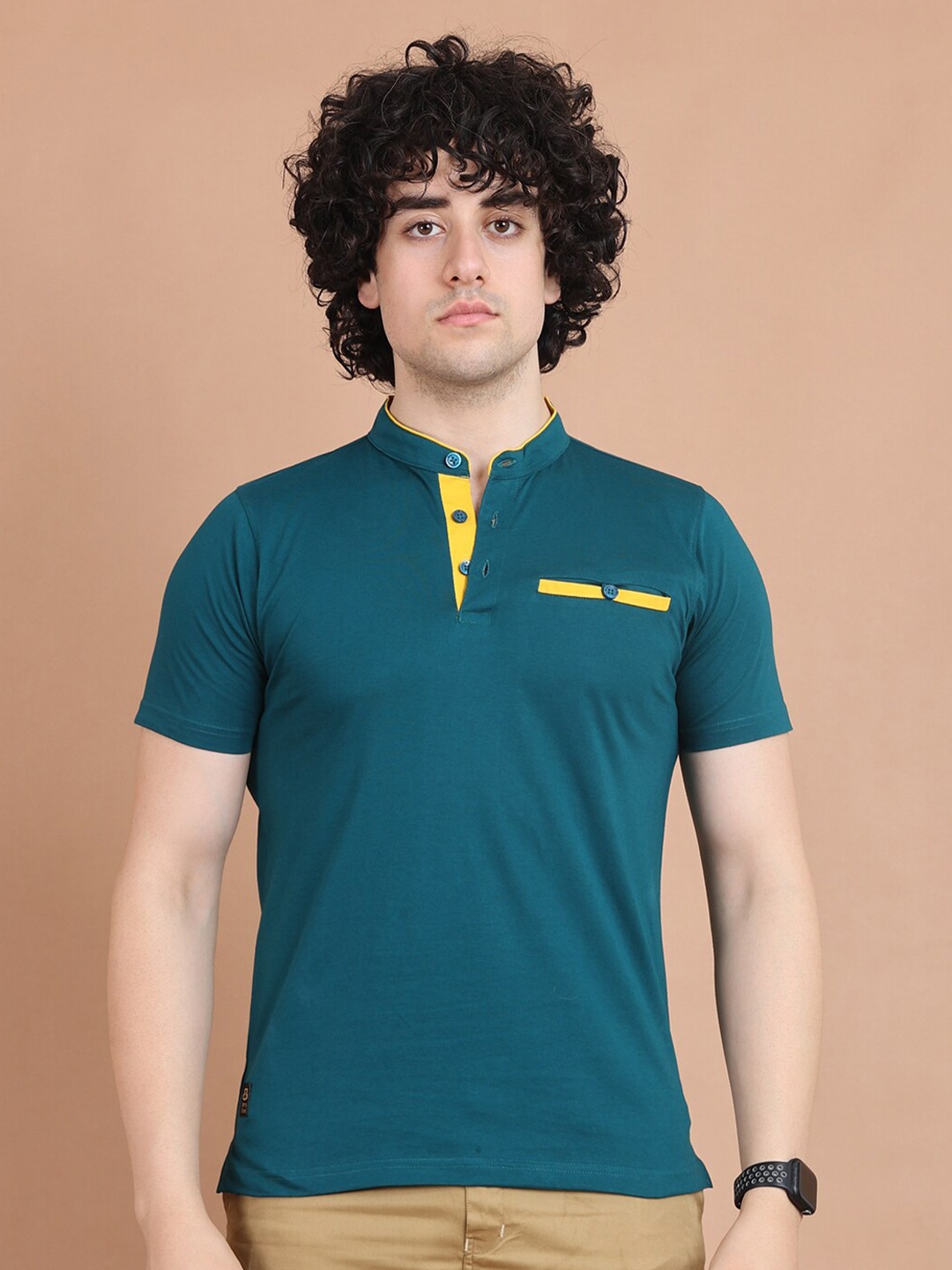 

berry blues Half Sleeve Mandarin Collar Cotton T-shirt, Blue