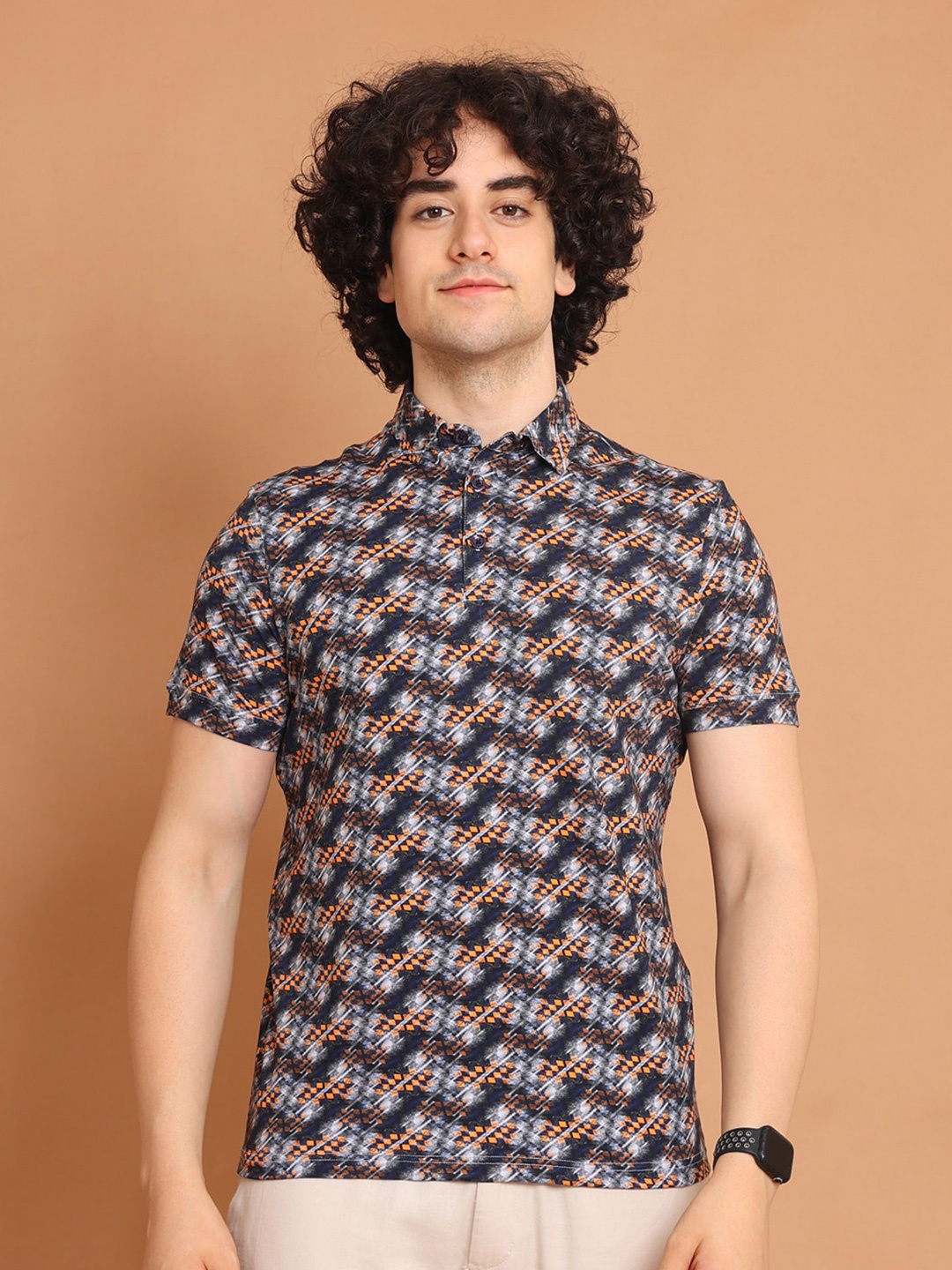 

berry blues Abstract Printed Polo Collar Cotton T-shirt, Navy blue
