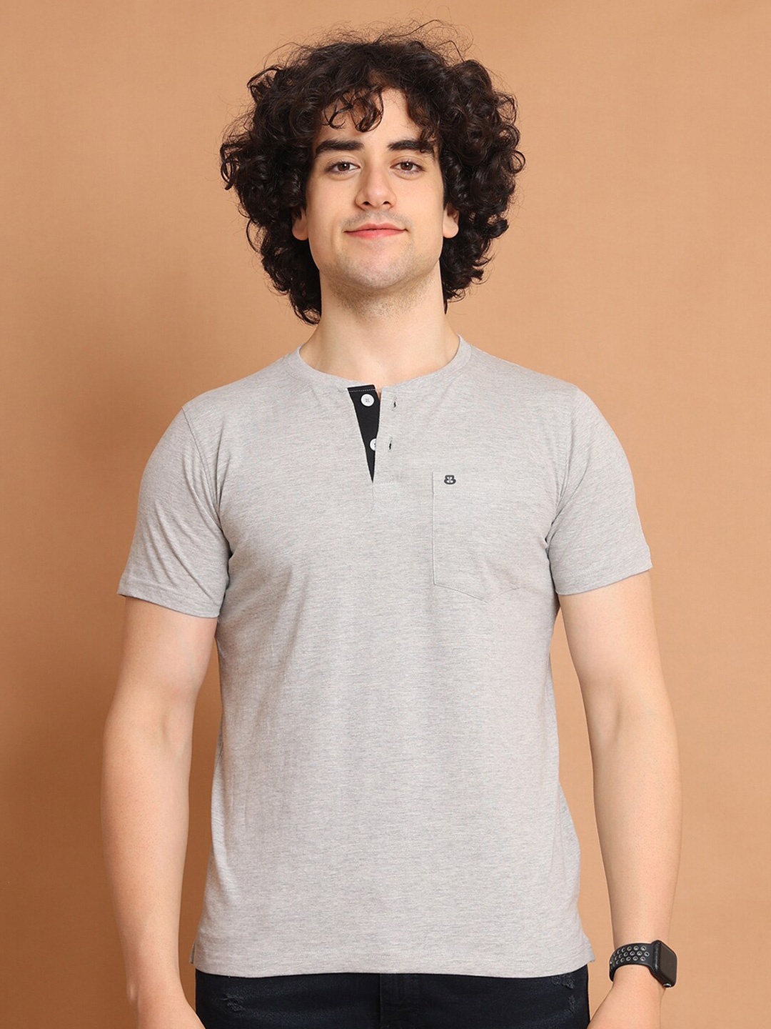 

berry blues Henley Neck Cotton T-shirt, Grey