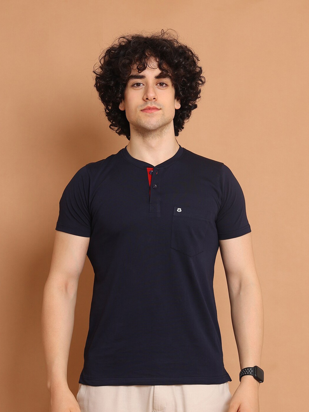 

berry blues Henley Neck Short Sleeves Cotton T-shirt, Blue