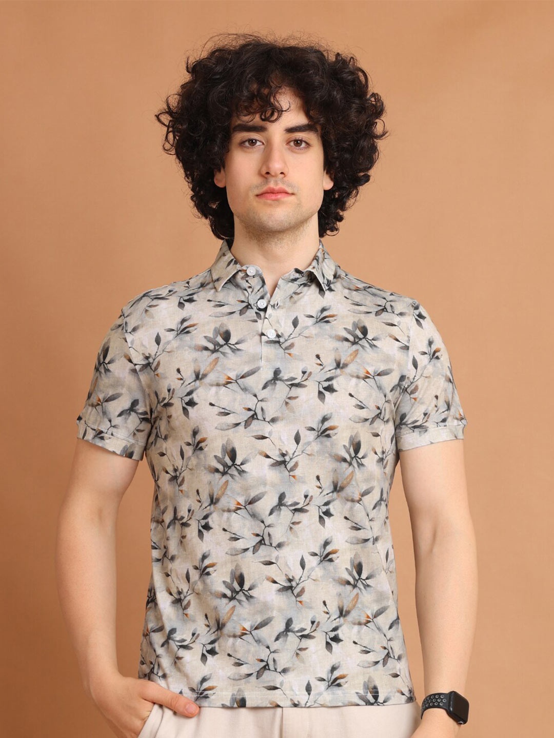 

berry blues Polo Collar Floral Printed Cotton T-shirt, Beige