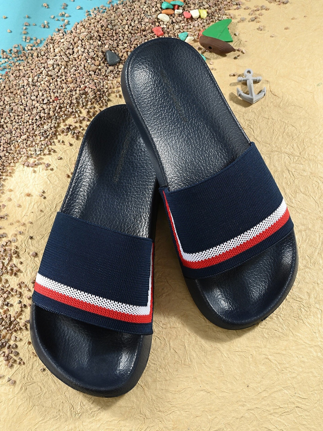 

Mast & Harbour Men Blue & White Striped Fabric Comfort Foam Sliders, Navy blue