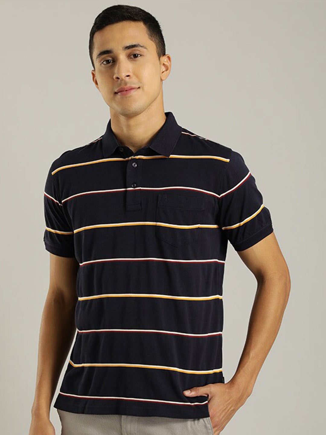 

Indian Terrain Striped Polo Collar Pure Cotton Slim Fit T-shirt, Navy blue