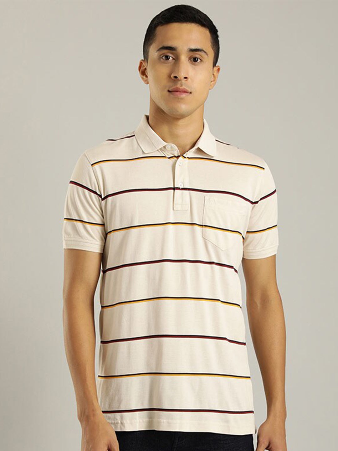 

Indian Terrain Striped Polo Collar Pure Cotton Slim Fit T-shirt, Off white