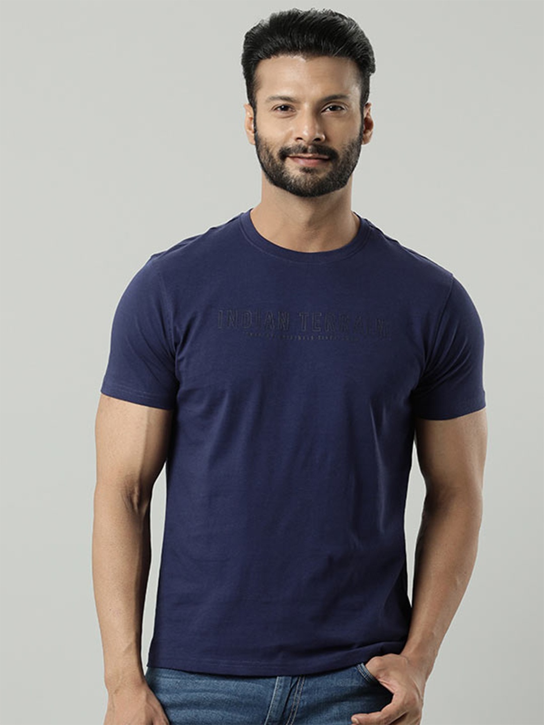 

Indian Terrain Typography Printed Pure Cotton Slim Fit T-shirt, Blue