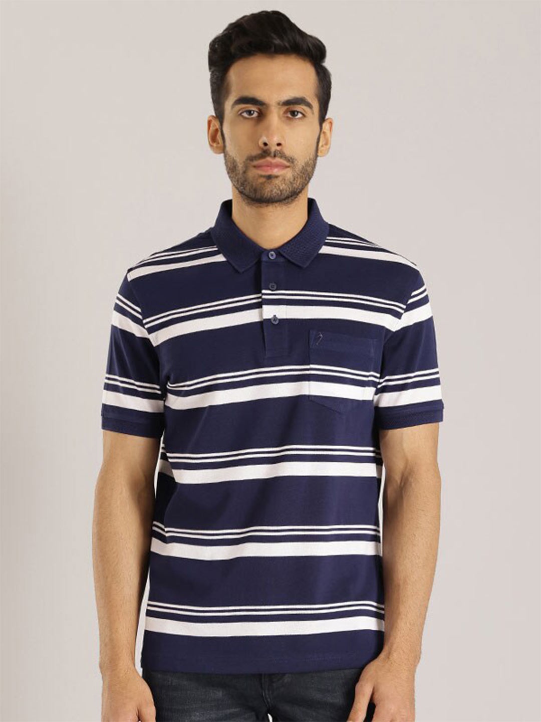 

Indian Terrain Striped Polo Collar Pure Cotton Slim Fit T-shirt, Blue