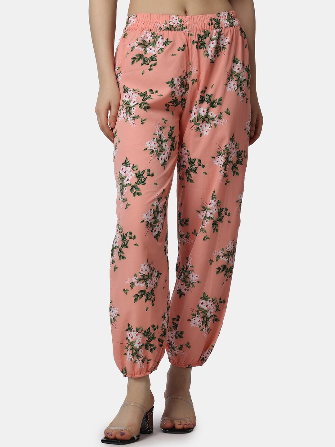 

Popwings Women Floral Printed Relaxed Loose Fit Easy Wash Joggers, Peach