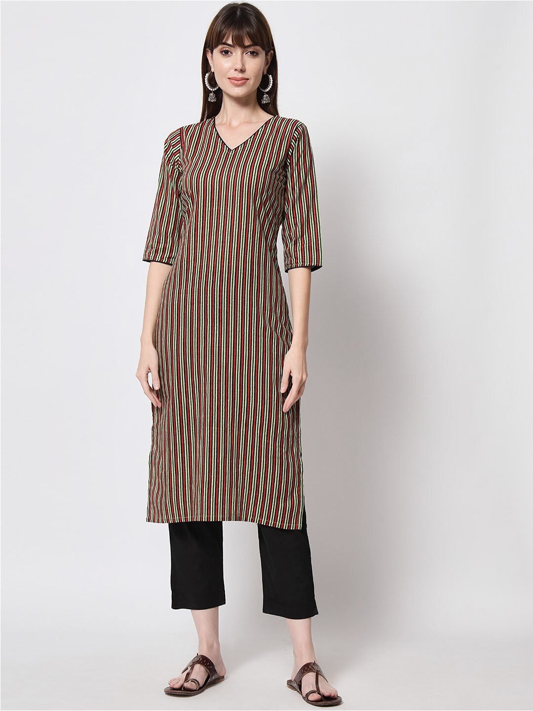 

KALINI Ajarakh Striped V Neck Pure Cotton Kurta With Trousers, Green