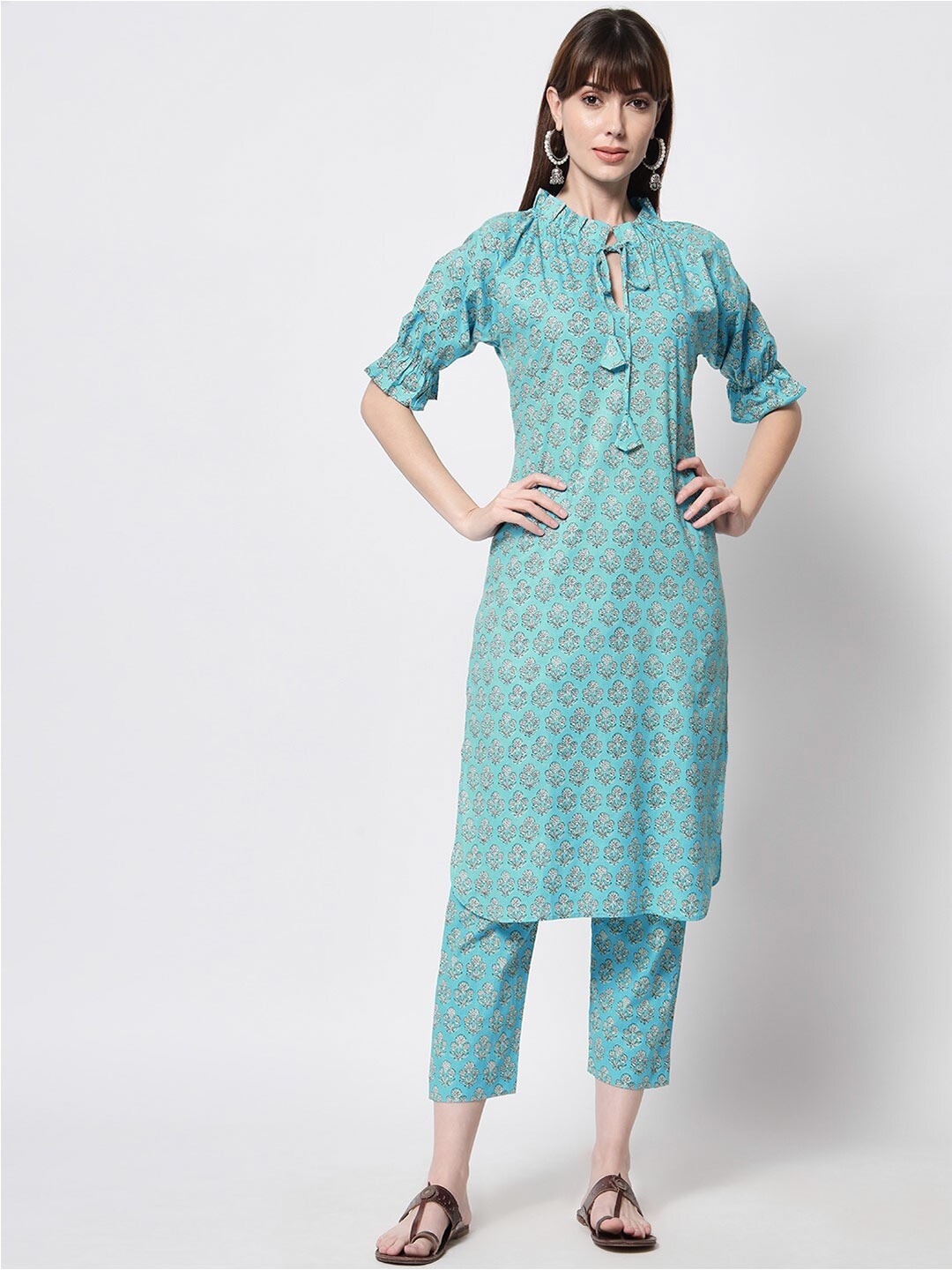 

KALINI Floral Printed KALINI Turquoise Blue Butti Matching Kurta Set