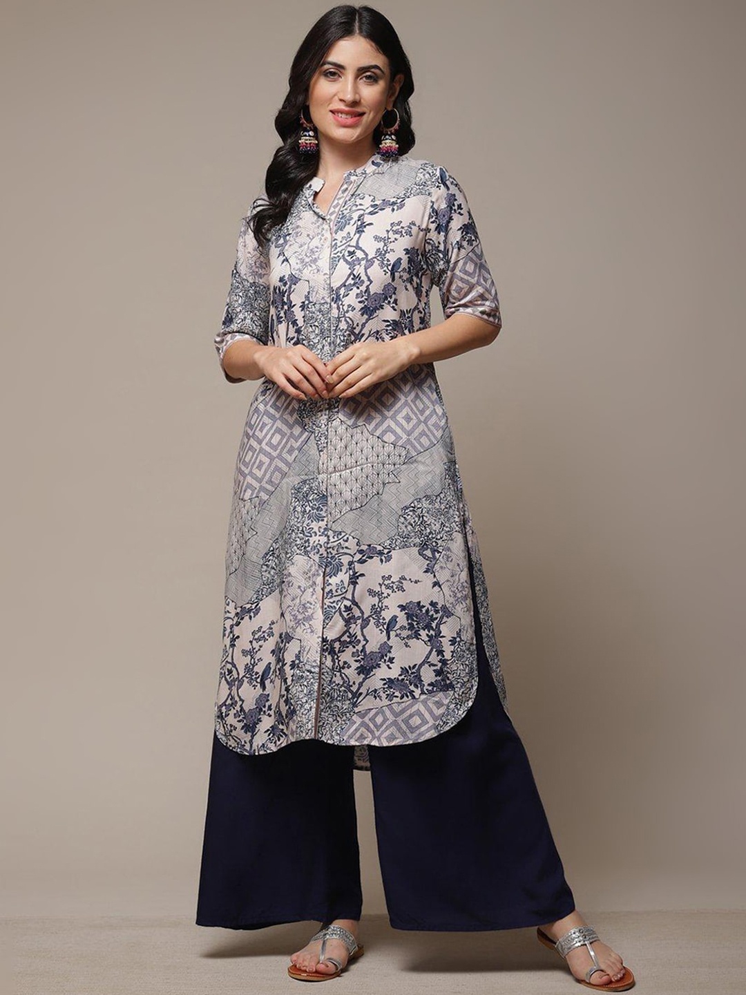 

Biba Ethnic Motifs Printed Mandarin Collar Curved A-Line Kurta, Navy blue