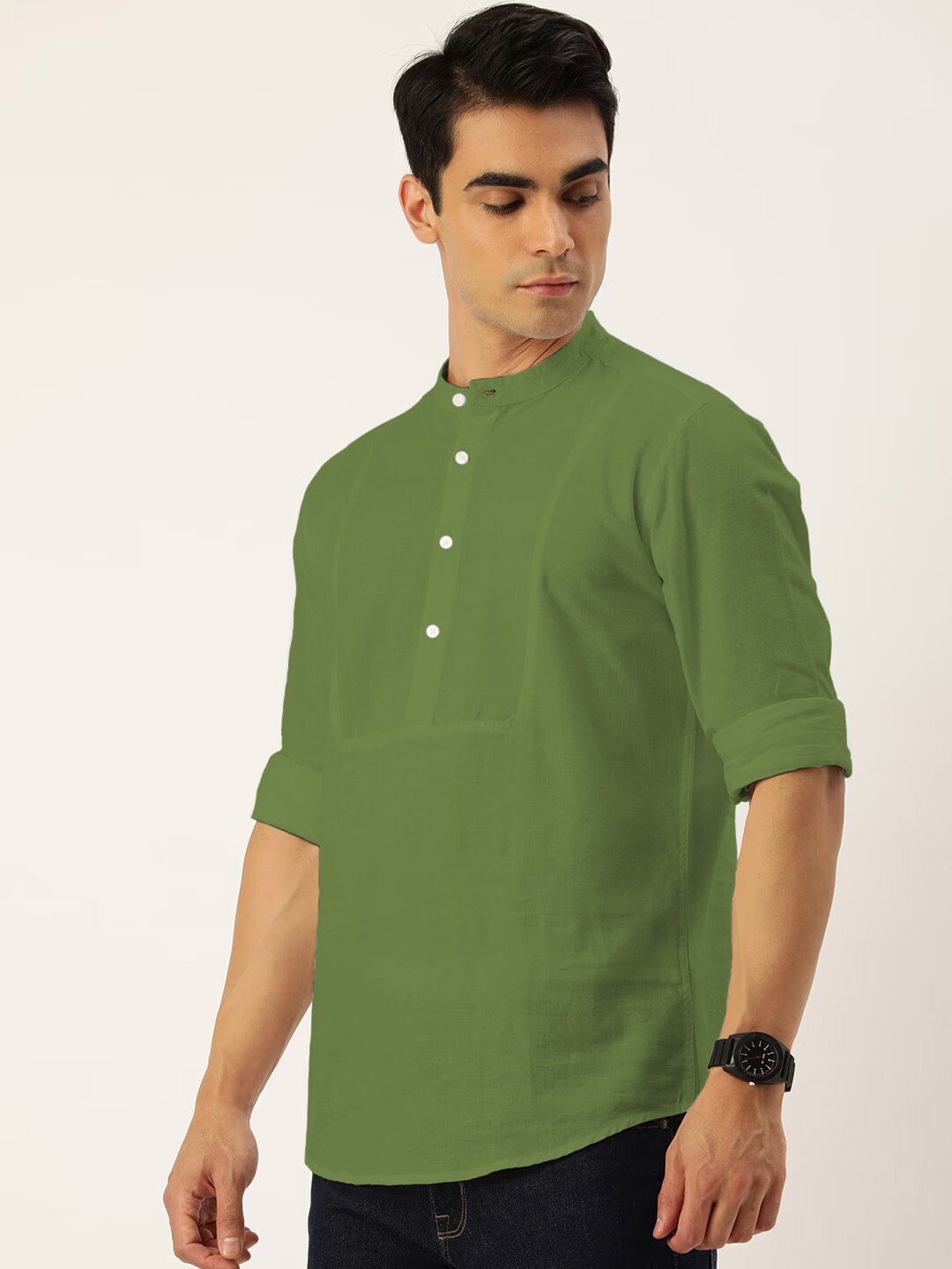 

IVOC Band Collar Straight Cotton Linen Short Kurta, Green