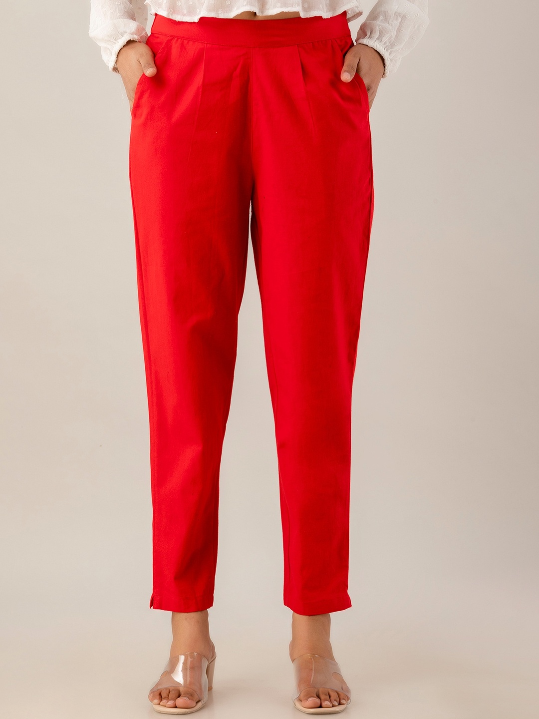 

Kohsh Women Pure Cotton Pleated Cigarette Trousers, Red