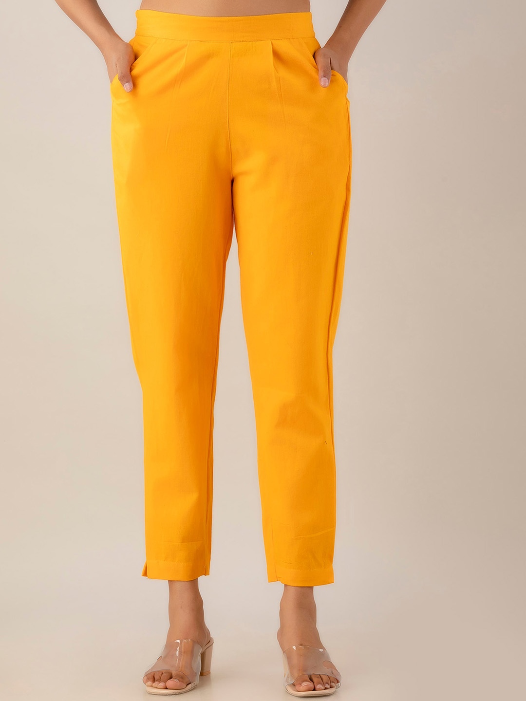 

Kohsh Women Pure Cotton Pleated Cigarette Trousers, Yellow
