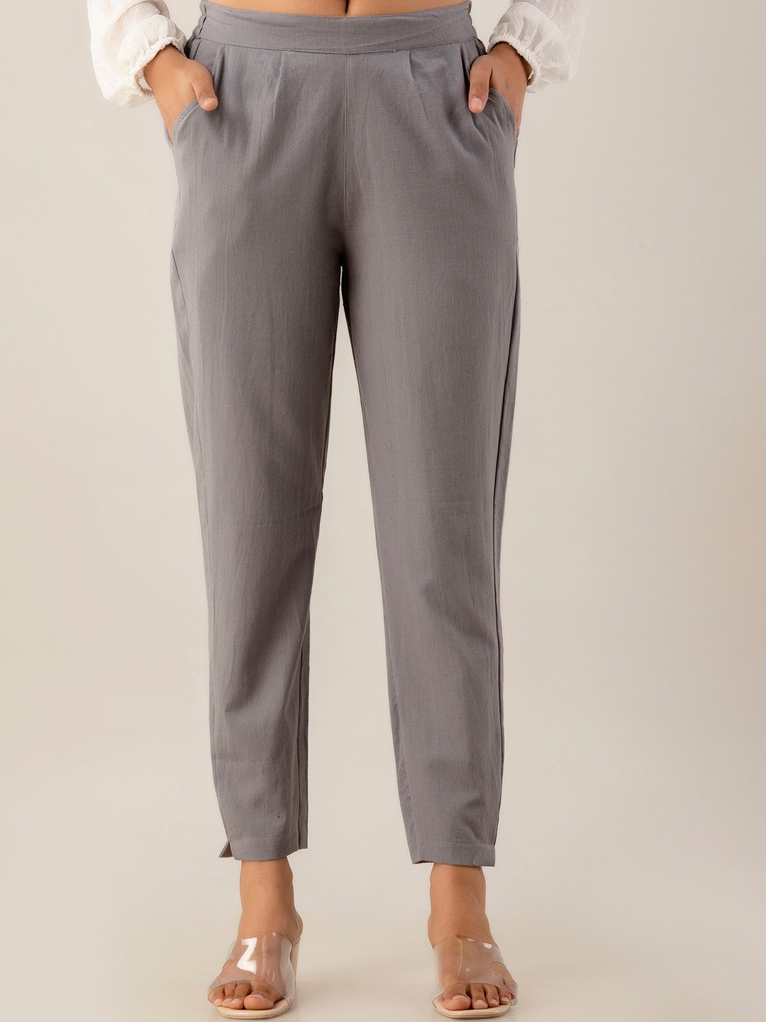 

Kohsh Women Pure Cotton Pleated Cigarette Trousers, Grey