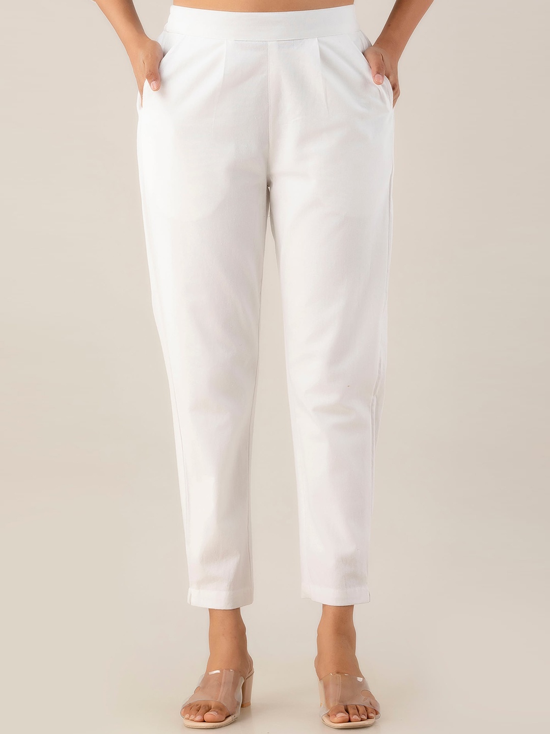 

Kohsh Women Mid Rise Pure Cotton Cigarette Trousers, White