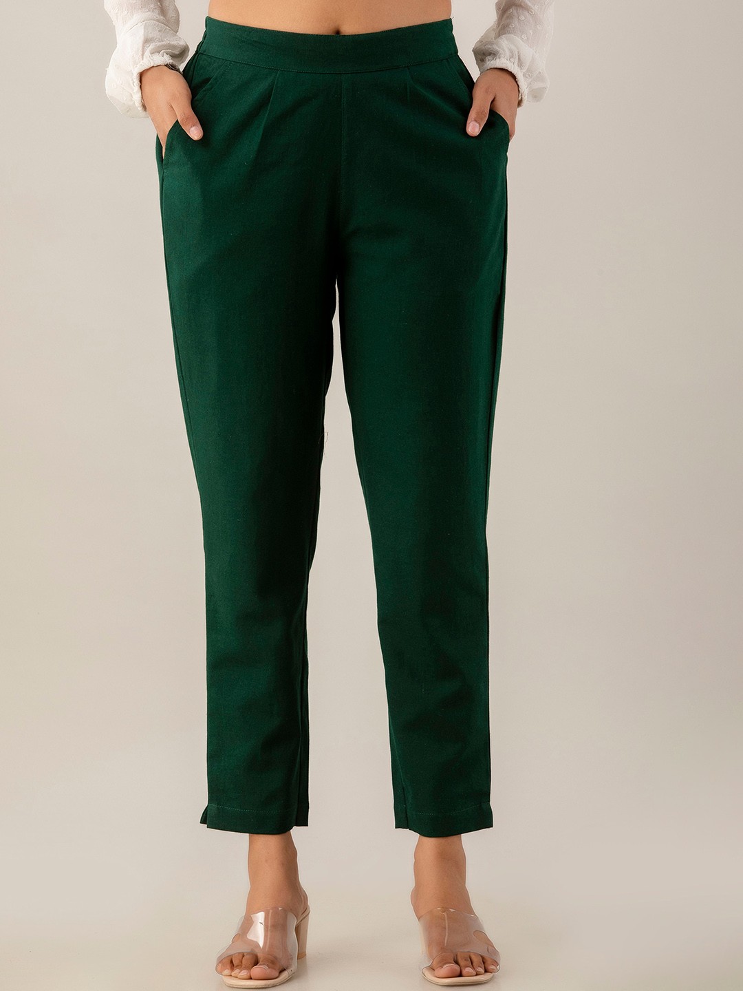 

Kohsh Women Pure Cotton Pleated Cigarette Trousers, Green