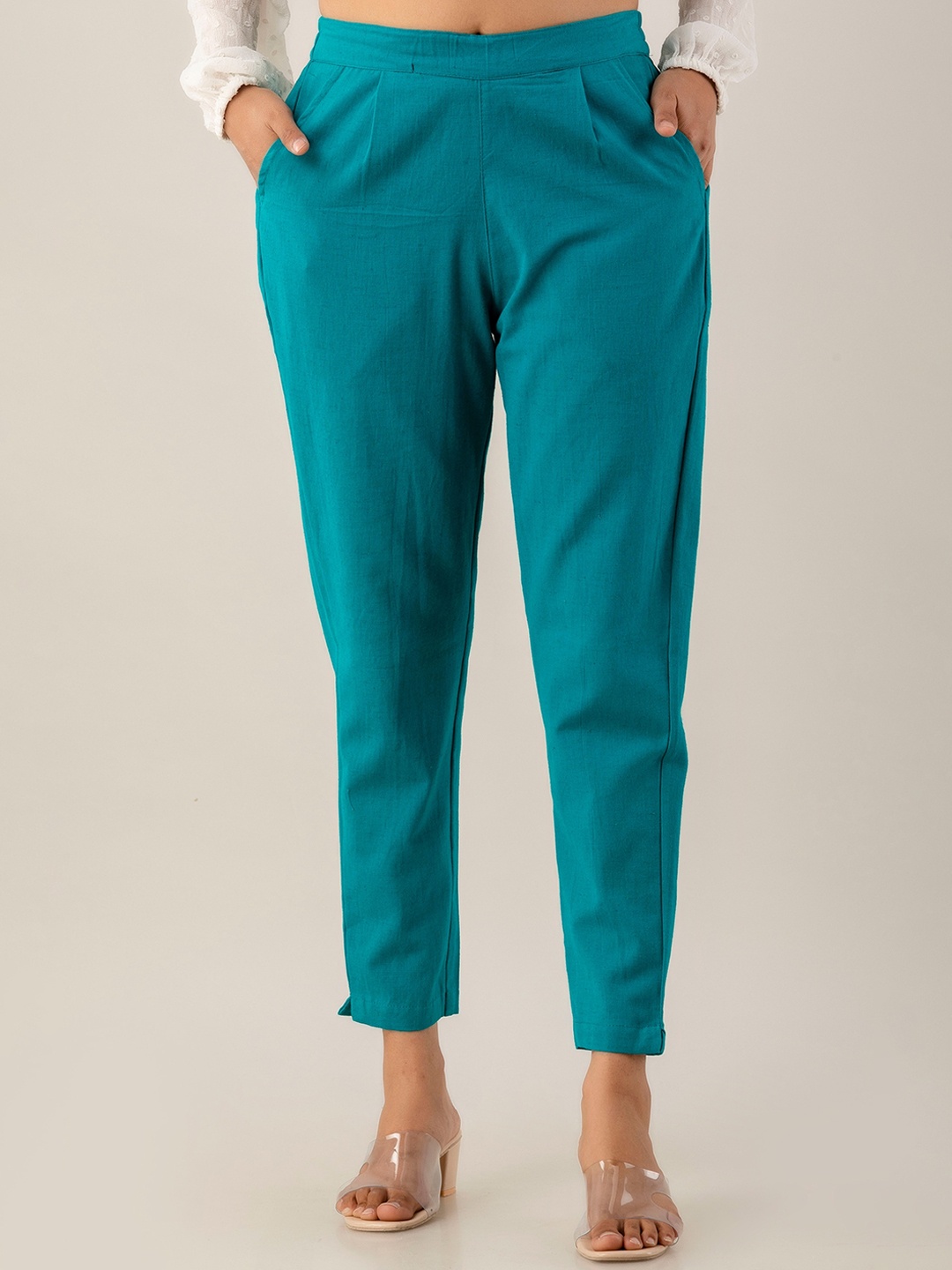 

Kohsh Women Pure Cotton Pleated Cigarette Trousers, Turquoise blue