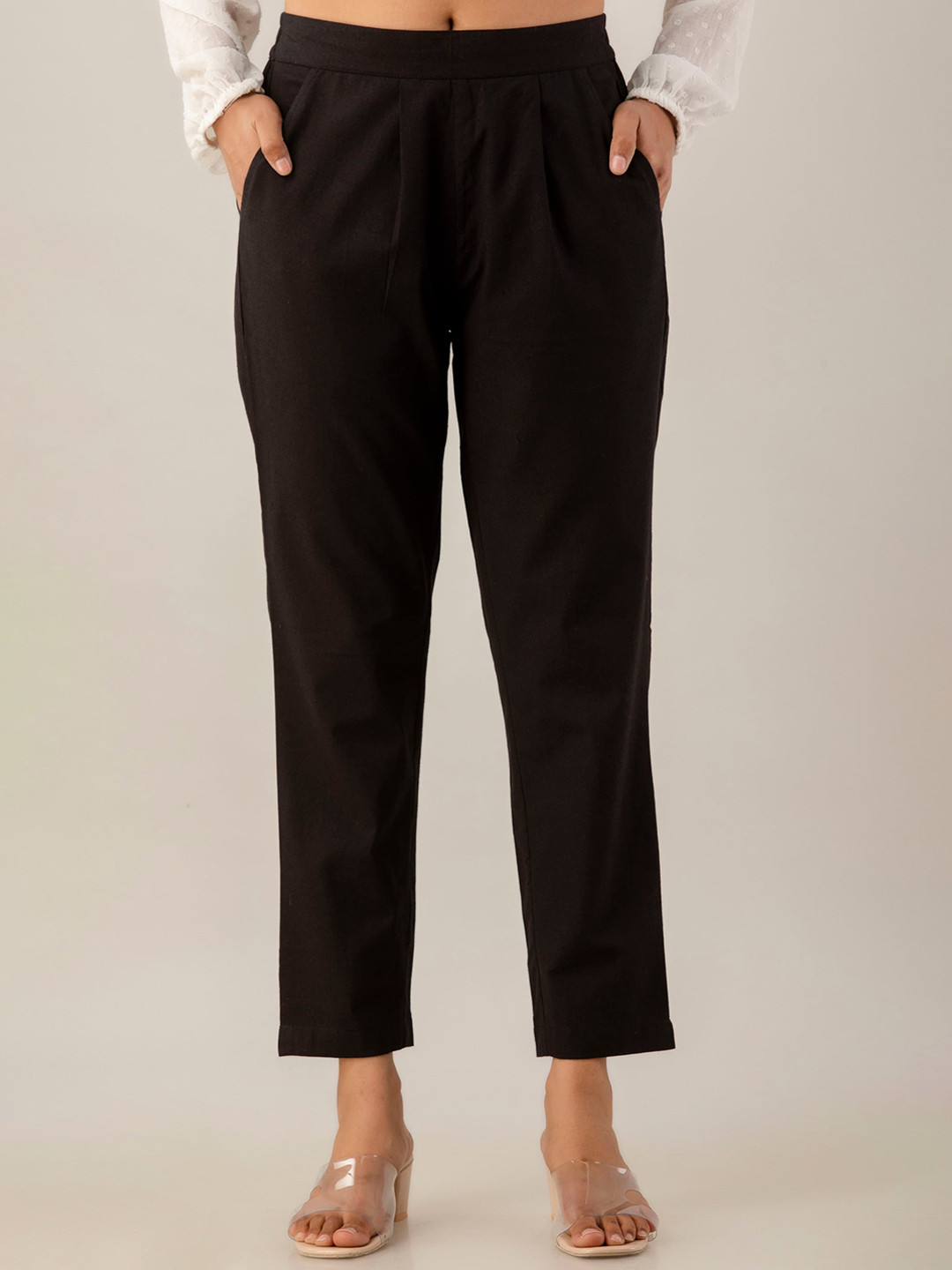 

Kohsh Women Pure Cotton Pleated Trousers, Black