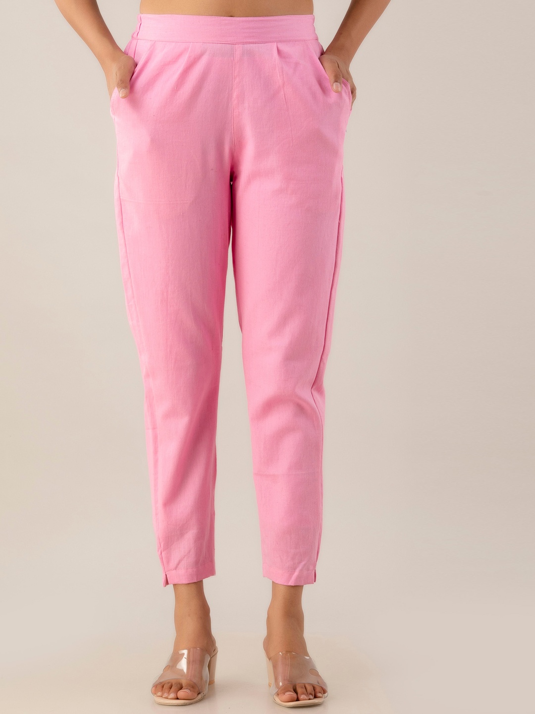 

Kohsh Women Pure Cotton Pleated Cigarette Trousers, Pink