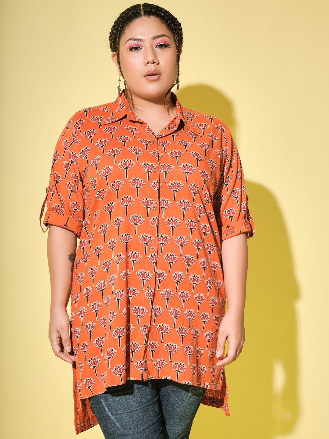 

KALINI Plus Size Rust Orange Lotus Asymmetrical Cotton Casual Shirt