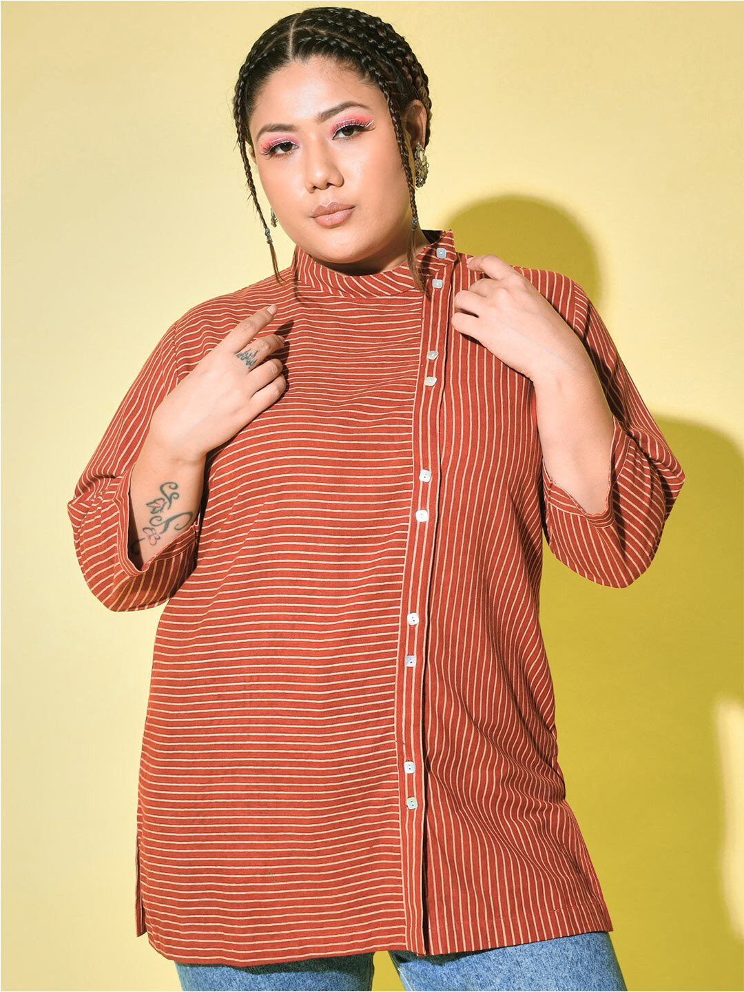 

KALINI Plus Size Standard Stripes Shifted Panel Cotton Casual Shirt, Rust