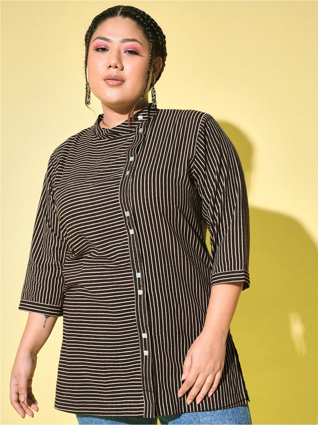 

KALINI Plus Size Shifted Panel Cotton Casual Shirt, Black