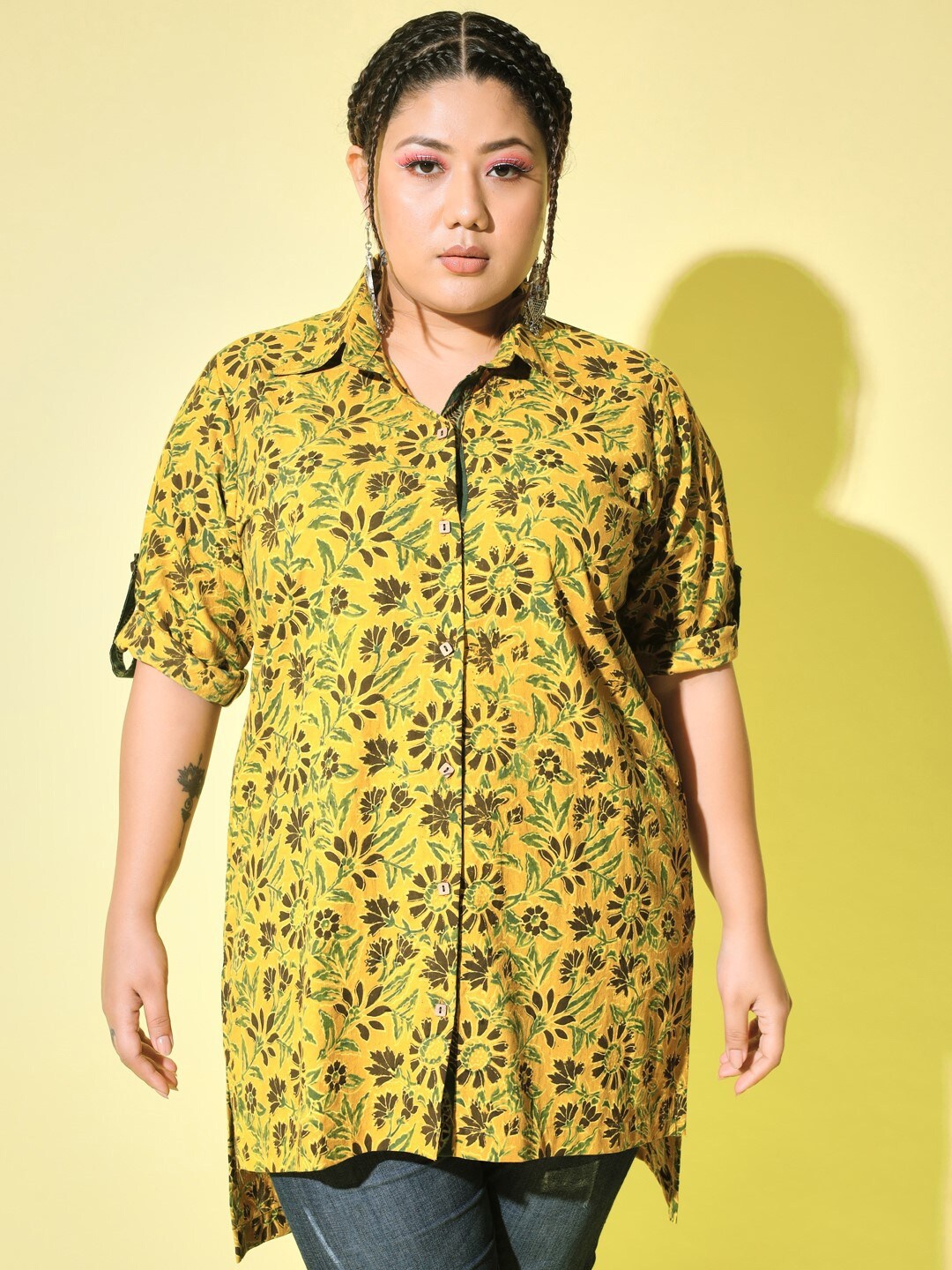 

KALINI Plus Size Standard Ajrakh Printed Roll-Up Sleeves Asymmetric Cotton Casual Shirt, Mustard