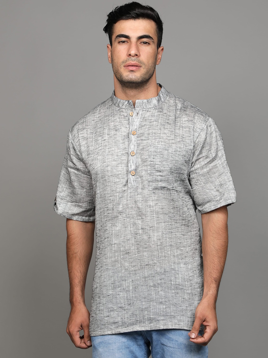 

Cot'N Soft Mandarin Collar Woven Design Straight Pure Cotton Short Kurta, Grey melange