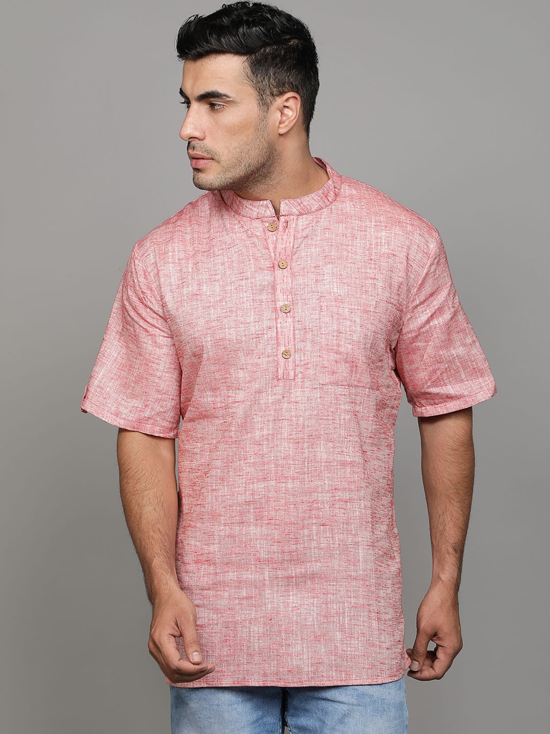 

Cot'N Soft Mandarin Collar Woven Design Straight Pure Cotton Short Kurta, Pink