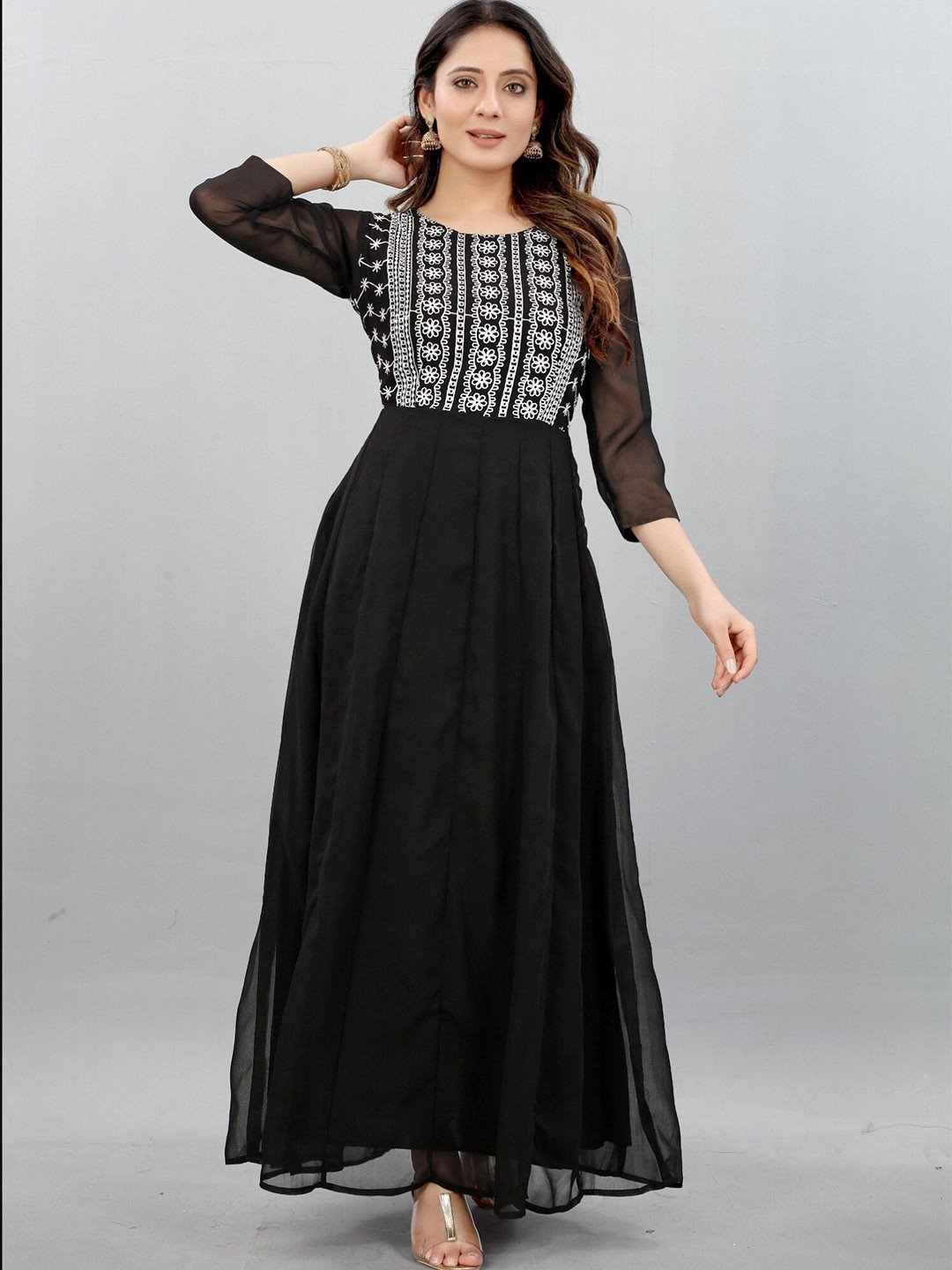 

Femvy Embroidered Net Maxi Ethnic Dress, Black