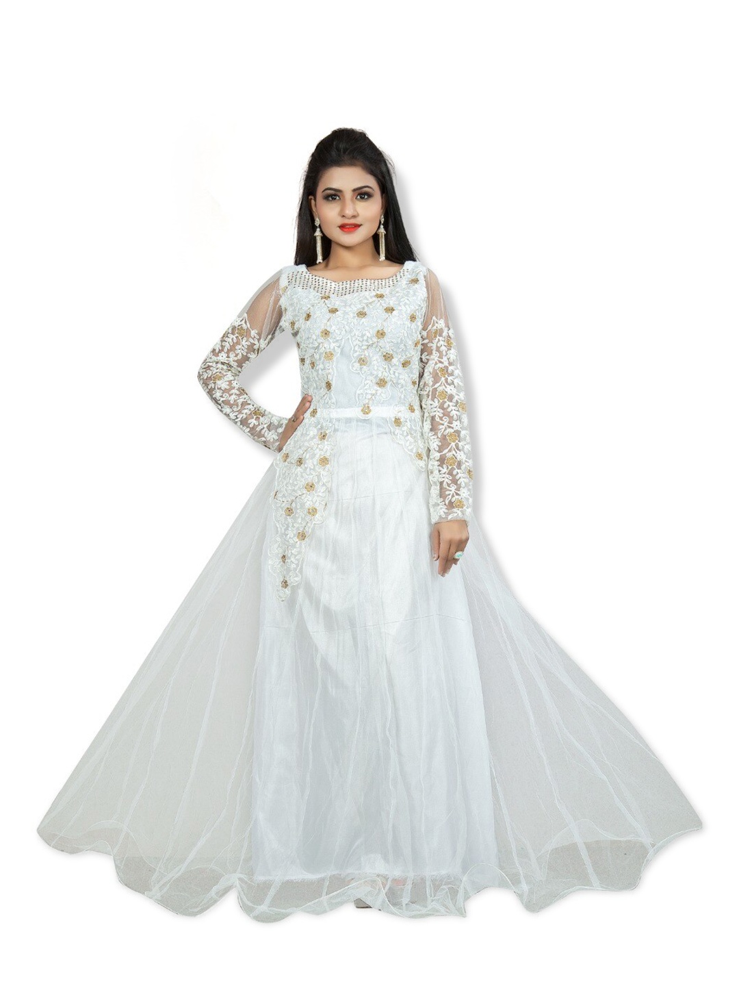 

Femvy Embellished Net Maxi Dress, White
