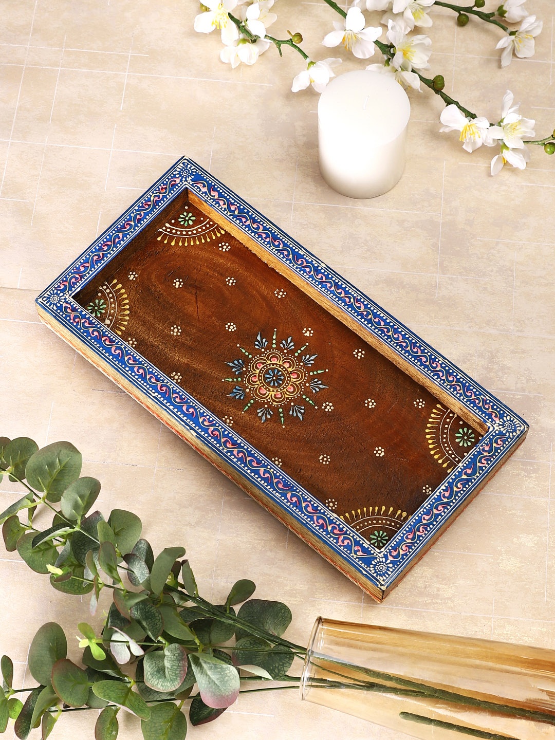 

Aapno Rajasthan Brown Printed Wooden Serving Tray