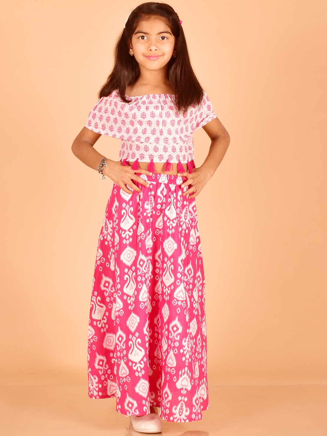 

misbis Girls Floral Printed Pure Cotton Top With Skirt, Pink