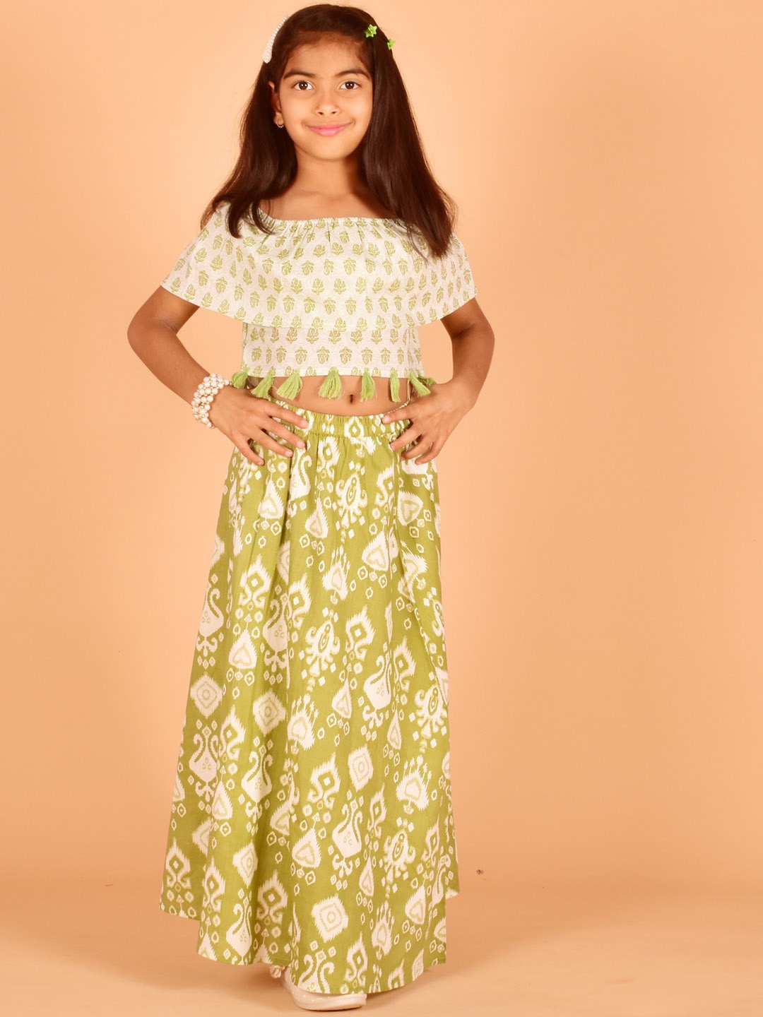 

misbis Girls Printed Pure Cotton Top with Skirt, Green